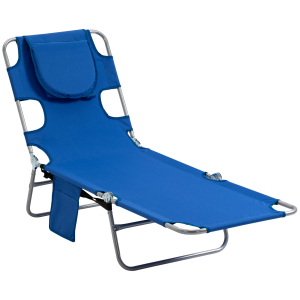 Outsunny Beach Chaise Lounge with Face Cavity & Arm Slots Portable Sun Lounger Reclining Lounge Chair 5-position Adjustable Backrest Blue