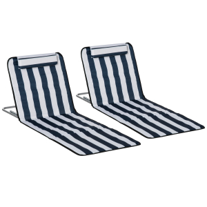 Outsunny Set of 2 Foldable Garden Beach Chair Mat Lightweight Outdoor Sun Lounger Seats Adjustable Back Metal Frame PE Fabric Head Pillow Blue