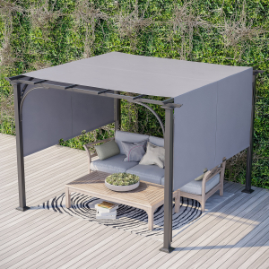 Outsunny 3x3(m) Garden Pergola Outdoor Retractable Pergola Gazebo with Adjustable Canopy Sun Shade Patio Canopy Shelter Grey