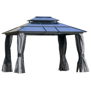 Outsunny 3.6x3(m) Polycarbonate Hardtop Gazebo Canopy with Double-Tier Roof and Aluminium Frame Garden Pavilion with Mosquito Netting and Curtains