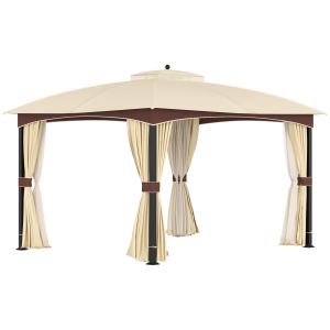 Outsunny 4x3(m) Patio Gazebo Garden Canopy Shelter with Double Tier Roof Removable Netting and Curtains for Lawn Poolside Khaki
