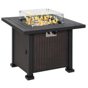 Outsunny Square Propane Gas Fire Pit Table 50000 BTU Rattan Smokeless Firepit Patio Heater w-Glass Screen Beads and Lid 82cmx82cmx66cm Black