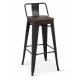 Borrello B1984 Tolix Style Metal Bar Stool in Black with Low Backrest & Solid Elmwood Seat pad. Pack of 4.